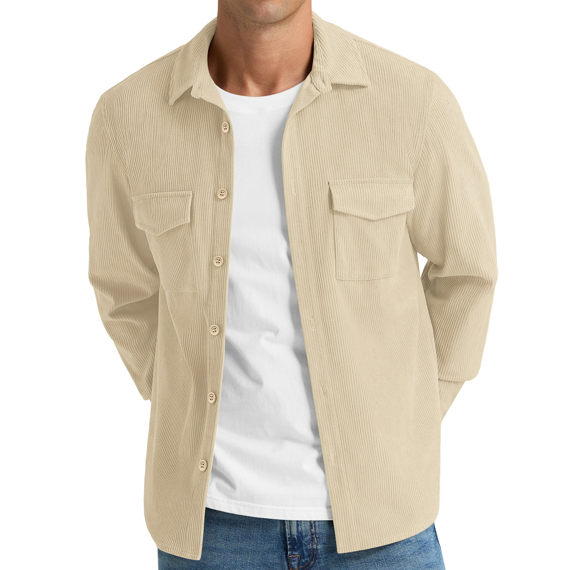 KING SAMP ARTICLE#5311  Mens Corduroy Jacket Shirt Long Sleeve Button Down Shirt Work Casual Jacket With Chest Flap Pocket Beige