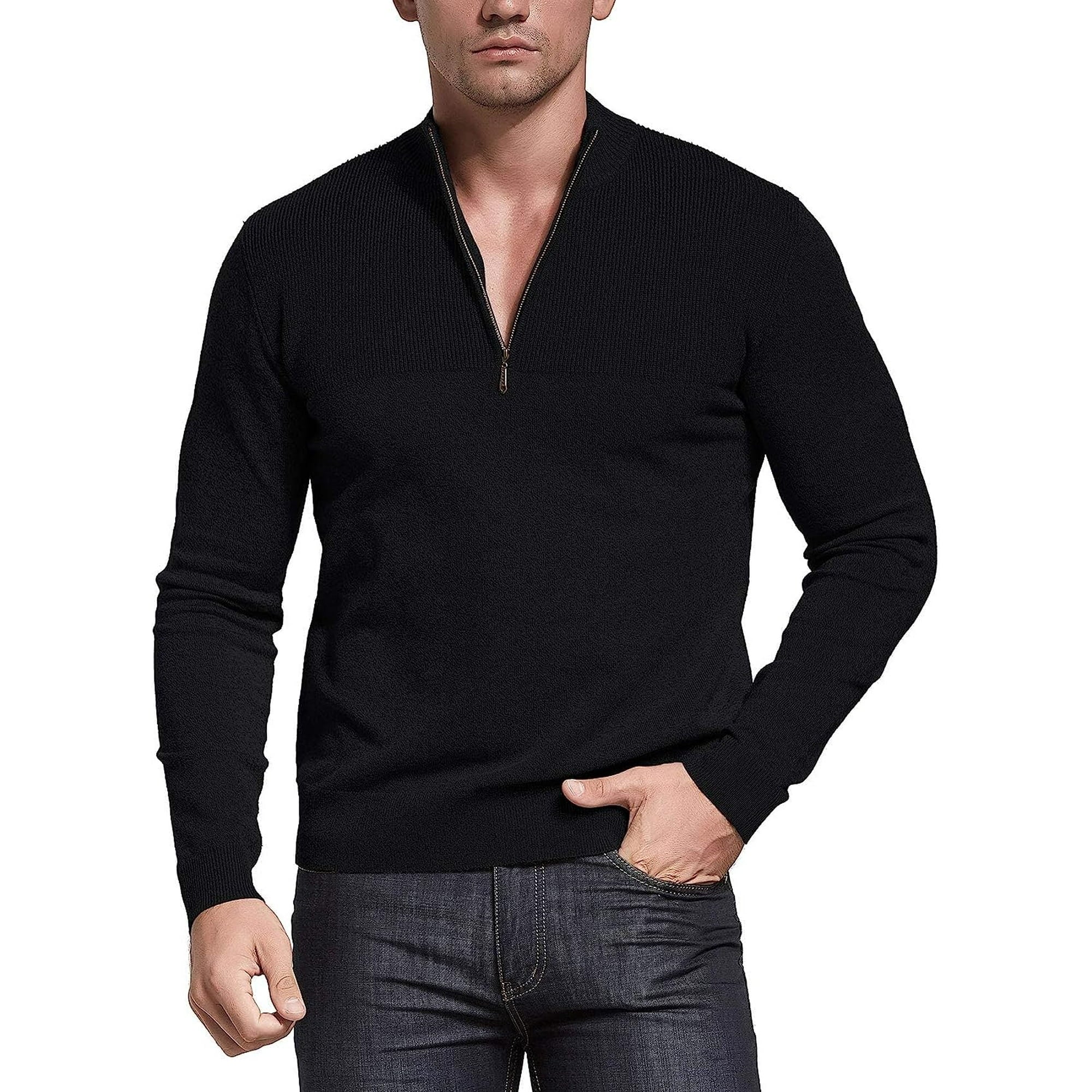 kING SAMP ARTICLE #5312 Mens Slim Fit Zip Up Mock Neck Polo Sweater Casual Long Sleeve Sweater and Pullover Sweaters with Ribbing Edge