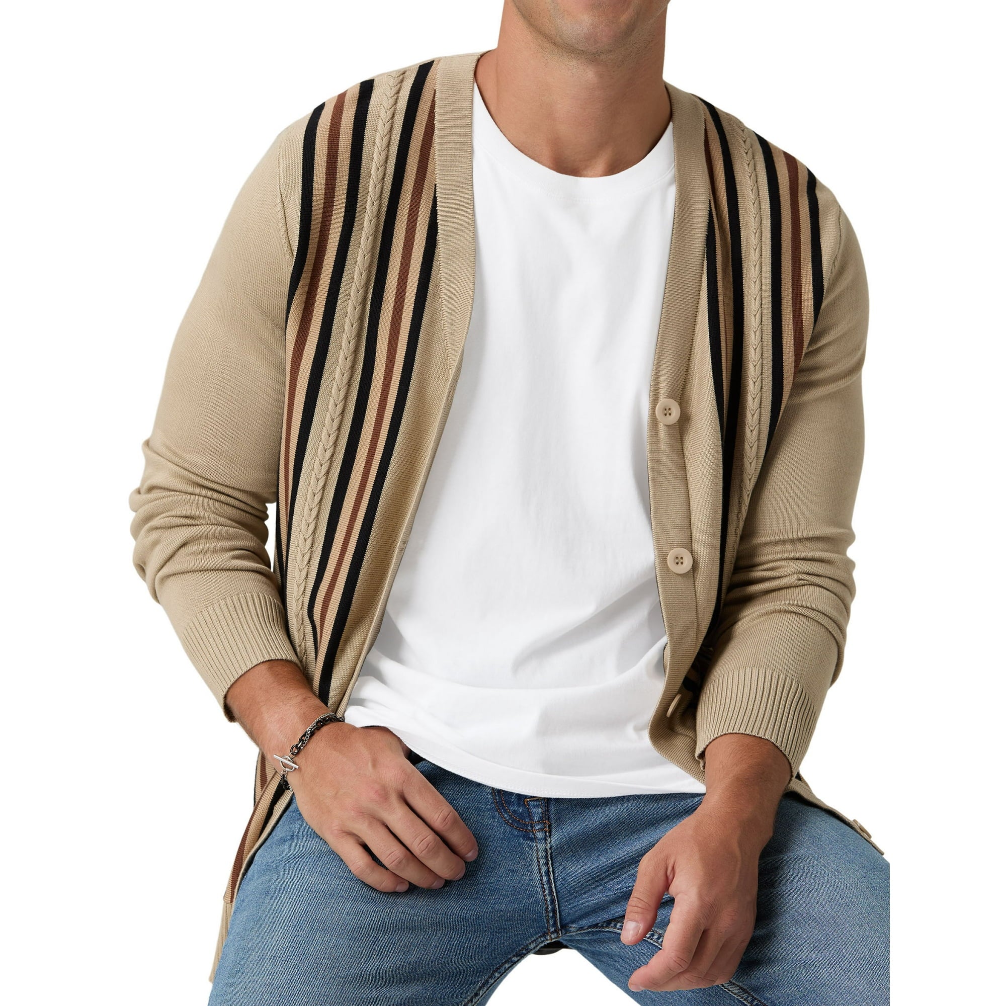 KING SAMP ARTICLE #5315  Men's Vintage Striped Long Sleeve Button Down Cardigan Sweater with V Neck Knitted Sweaters