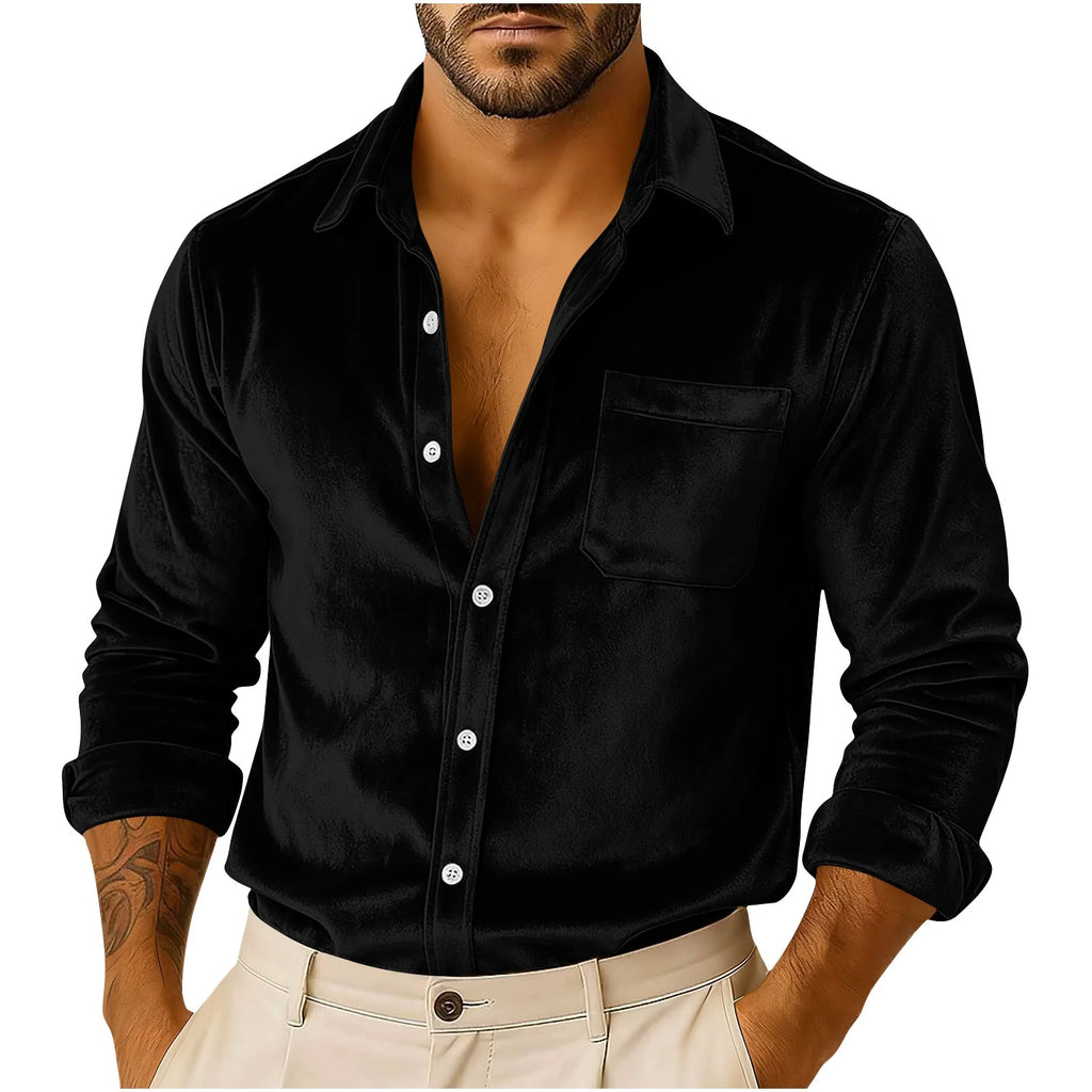 KING SAMP ARTICLE #5322 Men's Luxury Velvet Button Down Shirt Stylish Long Sleeve Casual Shiny Silk Like Tops For Party Wedding Business Daily Wear