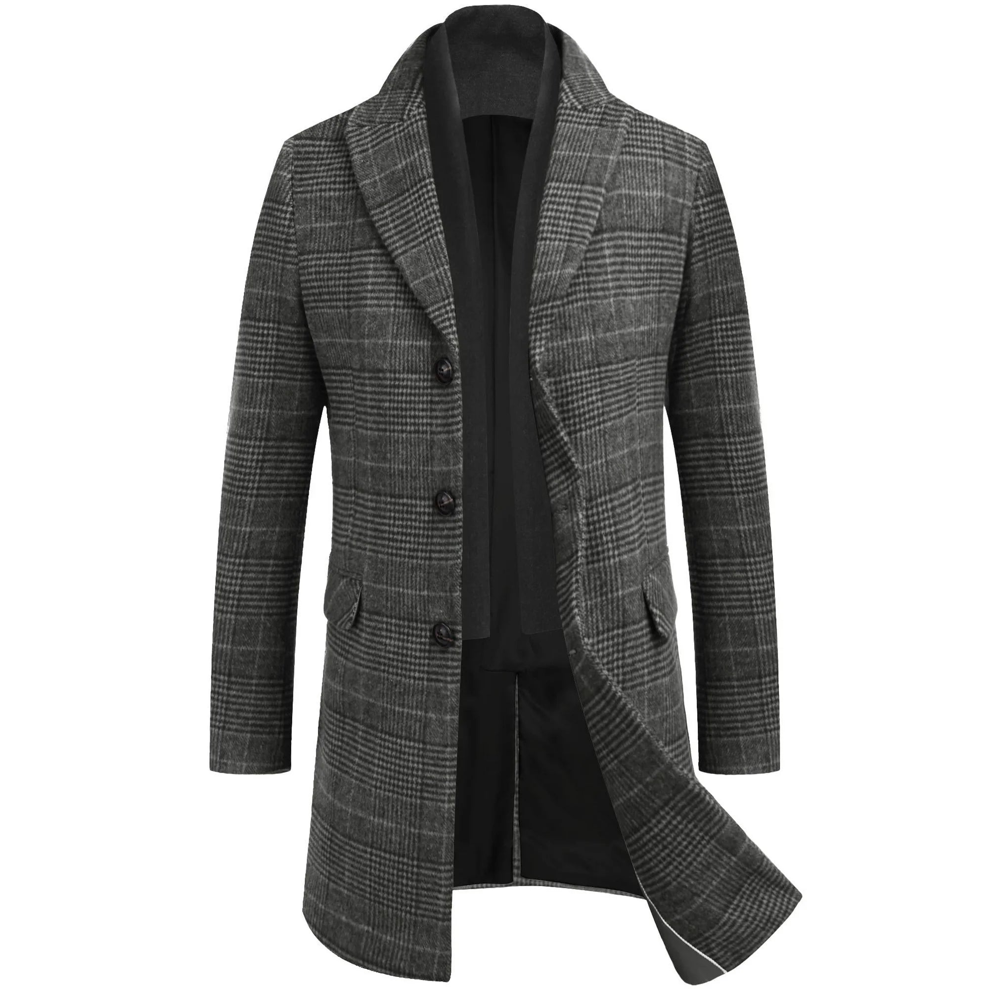 KING SAMP ARTICLE #5325 Men's Detachable Plaid Scarfs Wool Blend Coat - Notched Collar Single Breasted Pea Trench Overcoat