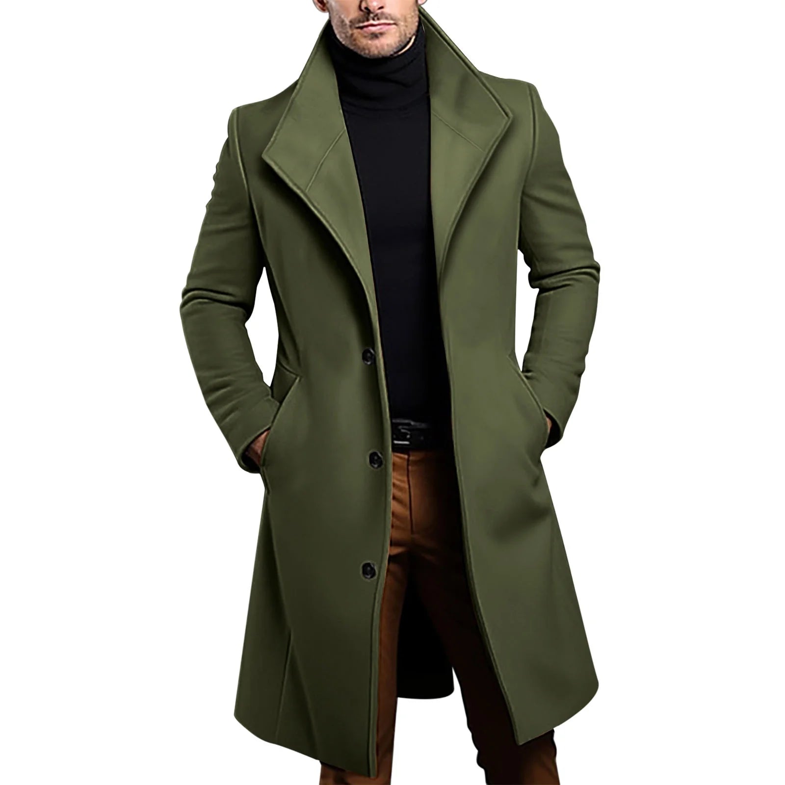 KING SAMP ARTICLE #5326  Mens Long Trench Coat Single Breasted Lapel Overcoat Wool Blend Casual Trench Coat with Pockets Fall Winter Warm Peacoat