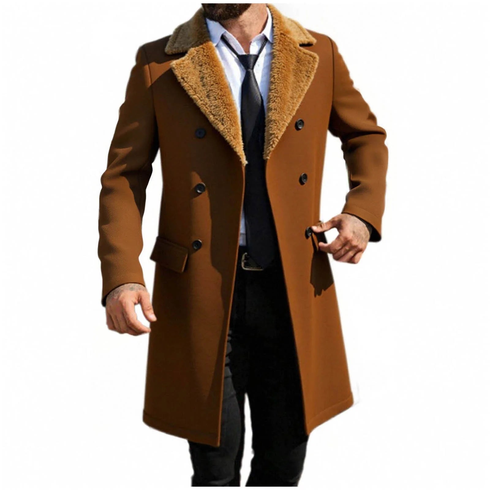 KING SAMP ARTICLE #5327 Mens Trench Coat Long Fleece Lined Pea Coat Double Breasted Notch Lapel Peacoat Casual Warm Fall Winter Wool Overcoat